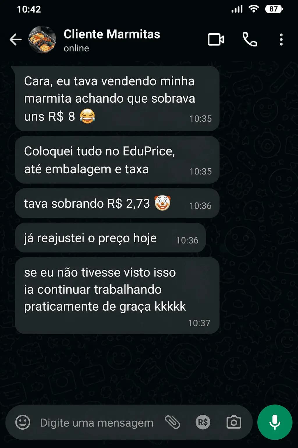 Conversa original no WhatsApp — Marmitaria